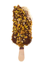Bitten ice cream covered with chocolate and almonds