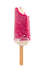 Bitten ice cream on stick in cherry glaze