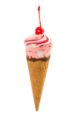 Ice cream with maraschino cherry in waffle cone