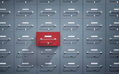 Safe lockers and one of which open and red. 3d illustration