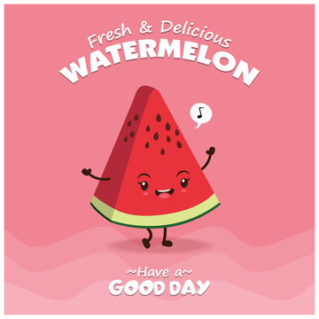 Vintage watermelon poster design with vector watermelon character.