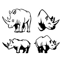 Set of four black  logo silhouettes of  rhino, illustration isolated on white background, vector image of animals, rhinoceros horn