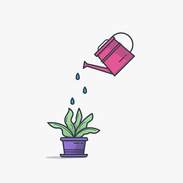 Watering can watering house plant in flowerpot. Line style flat illustration of house plant with leaves in pot. Thin lines. Business growth and investment concept