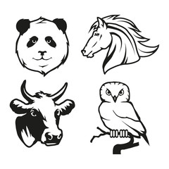 Set of four black  logo silhouettes of panda and vector image of horse with owl and cow, illustration isolated on white background, Wild and domestic animals