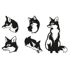 Fototapeta na wymiar Set of five black logo silhouettes of fox, illustration isolated on white background, vector image of animals, sly fox