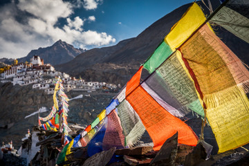 Buddhist prayer flags at Diskit monastery in the Indian Himalayas, Ladakh, India