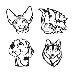 Set of four black  logo silhouettes of dog and vector image of cat with wolf, illustration isolated on white background, Home mammals