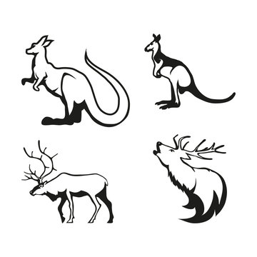 Set of four black  logo silhouettes of deer and kangaroo, illustration isolated on white background, vector image of animals, Wild and strong animals