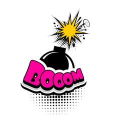 Lettering bomb, boom explosion. Comics book balloon. Bubble icon speech phrase. Cartoon font label tag expression. Comic text sound effects. Sounds vector illustration.