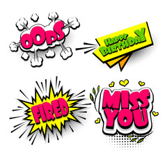 Oops, fired big set colored comic text sound effects pop art style. Collection vector bubble icon speech phrase, cartoon font expression, sounds illustration background. Comics book balloon