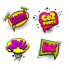 party, morning, big set colored sound effects pop art style. Collection vector bubble icon speech phrase, cartoon font tag expression, sounds illustration background. Comic book text balloon