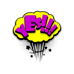 Lettering yes, yeah. Comics book balloon. Bubble icon speech phrase. Cartoon font label tag expression. Comic text sound effects. Sounds vector illustration.