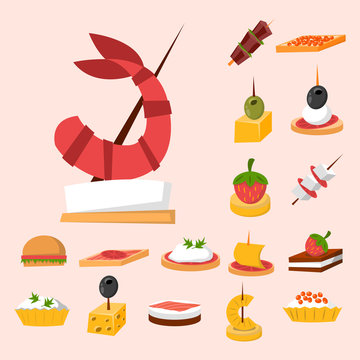 Various meat fish cheese banquet snacks on banquet platter canape snacks appetizer delicious vector.
