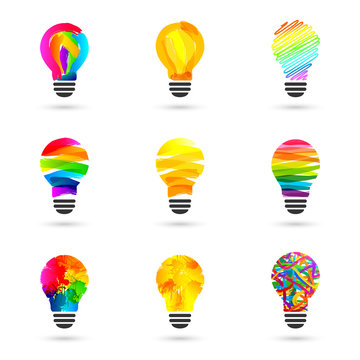 Lightbulb made of paint and paintbrush splatter. Set made of  various design and style, isolated on white background.