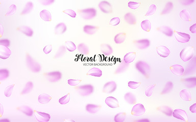 Bright flying petals on a Light background. Festive banner and poster. Celebration pink texture. Greeting card. Effect Realistic Design Elements. Vector Illustration