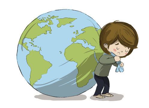 Ni&ntilde;o cargando con el planeta tierra
