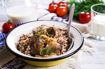 Boiled buckwheat with mushrooms