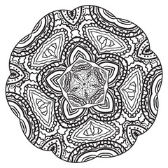 Round element for coloring book. Black and white mandala