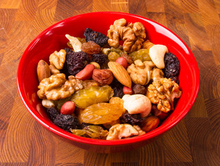 different mixed nuts and raisins