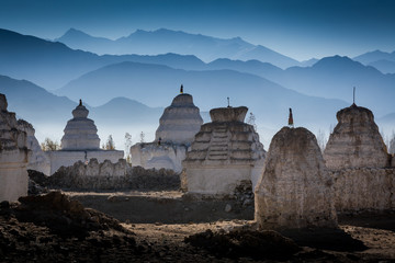 Buddhist stupas at Shey village in the Indian Himalaya. Ladakh, India