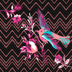 Hand drawn bird flying with flower roses tropical vintage print, stripes zigzag pattern grunge retro background vector illustration design, fashion, shirt, textile, greeting card, invitation, wedding
