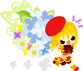 A cute running girl in anger and an ornament of hydrangeas