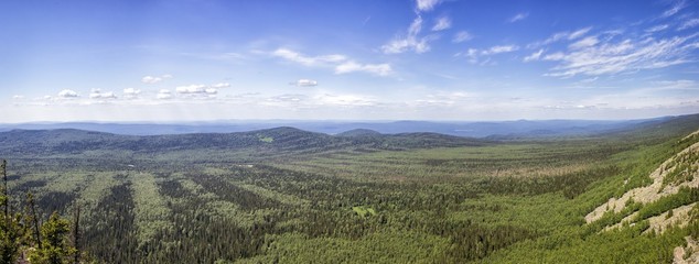 Panoramic view of the mountains and cliffs, South Ural. Summer in the mountains.View from the mountains.