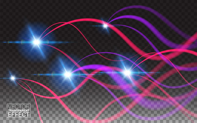 Abstract Magic Glow Light Effect with Neon Curved Lines. Glitter Fire Spiral Wave line with Flying Flash Lights Elements. Glowing Spark Swirl. Vector Illustration Transparent Background