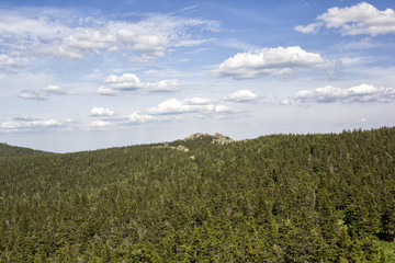 Obraz premium Panoramic view of the mountains and cliffs, South Ural. Summer in the mountains.View from the mountains.