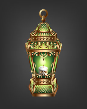 Vintage Gold Lantern With A Green Glow