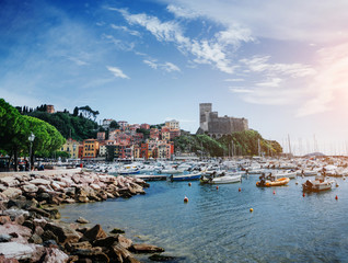 Fototapeta na wymiar Medieval castle in Lerici, Liguria, Italy. Scenic landscape, cityscape view, beautiful travel postcard, poster.