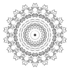Round element for coloring book. Black and white mandala