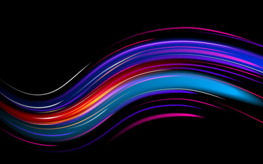 Futuristic Wave Flash. Abstract Motion Light Effect. Shining Space. Realistic Elements. Template Cover Flyers Print Web Banner. Vector Illustration Black Background