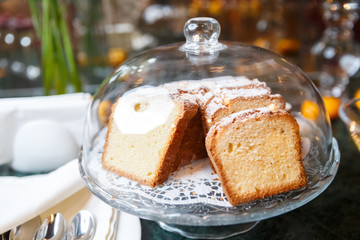 sweet bread with sugar powder, cake with powdered sugar on holiday
