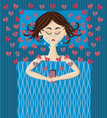 Young woman lying in bed, holding Smartphone and crying. Illustration broken heart, unhappy first love, break up. 