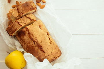 Cake cut into pieces top view