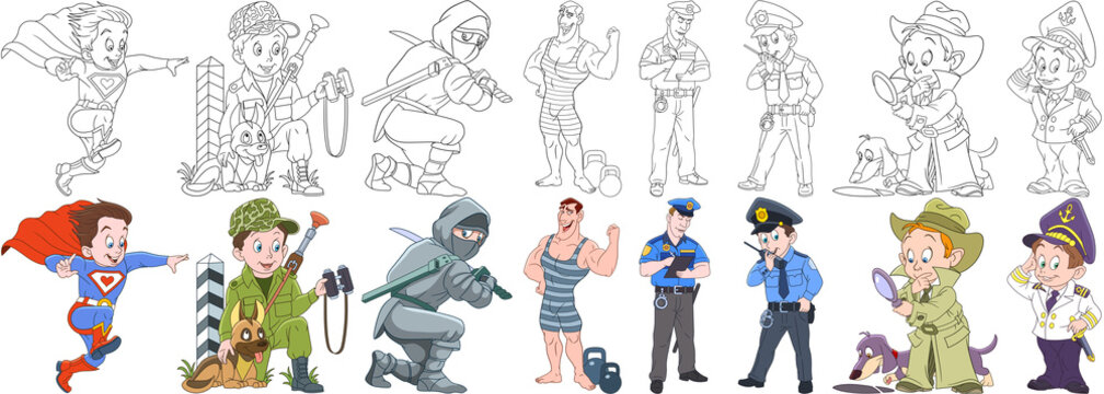 Cartoon working people set. Collection of professions. Superman, military soldier with guard dog, ninja, athlete (bodybuilder), police officer (cop), detective, sailor. Coloring book pages for kids.