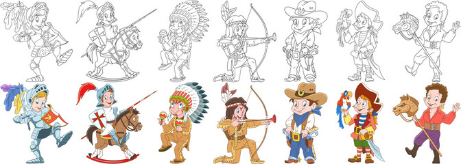 Fototapeta na wymiar Cartoon people set. Collection of carnival costumes. Knight, native american indian chief, cowboy, sea pirate with macaw parrot, gypsy boy riding toy horse. Coloring book pages for kids.
