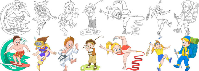 Cartoon children set. Collection of active sports. Boys and girls playing golf, badminton, surfing, scuba diving, practicing karate, gymnastics and mountain hiking. Coloring book pages for kids.