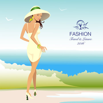 Beautiful stylish woman walking along beach. Vector Illustration