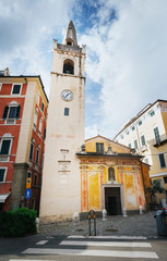 Fototapeta na wymiar Facade and bell tower of San Rocca church in Lerici, province of La Spezia, Liguria