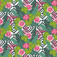  Floral paradise hand drawn tropic hibiscus flower with palm leaves on the geometric background. Seamless vector pattern. © Utro na more