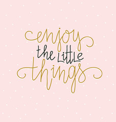 Hand lettered inspirational quote. Modern calligraphy on pink background. Scandinavian style illustration, modern home decor. Vector print design with lettering - 'Enjoy the little things'.