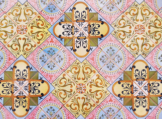 Detail of the traditional tiles from facade of old house. Decorative tiles.Valencian traditional tiles. Floral ornament. Majolica, Watercolor