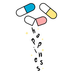 hand drawn lettering happiness therapy concept vector background illustration with pills

