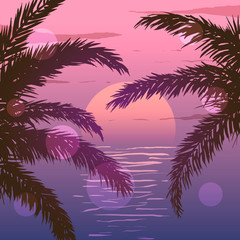 Fototapeta na wymiar Pink sunset on beach in vector. Silhouettes of palm trees on the background of ocean.