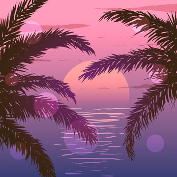 Pink sunset on beach in vector. Silhouettes of palm trees on the background of ocean.