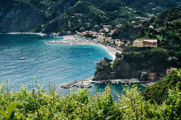 Panoramic aerial scenic overview of Monterosso al Mare, one of villages of Cinque Terre, province La Spezia, Liguria, Italy. UNESCO World Heritage.