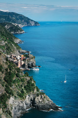 Picturesqu view of Vernazza old fishing Village from Cinque Terre path. UNESCO world heritage. La Spezia Region, Liguria.