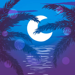 Fototapeta na wymiar Beach at night. Palm trees on the background of moon and ocean. Vector illustration.